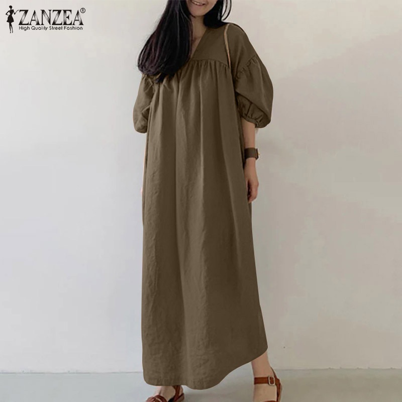 ZANZEA Women Fashion Elegant Solid V-Neck Three Quarter Luxurious Puff Sleeve Side Pockets Casual Dresses